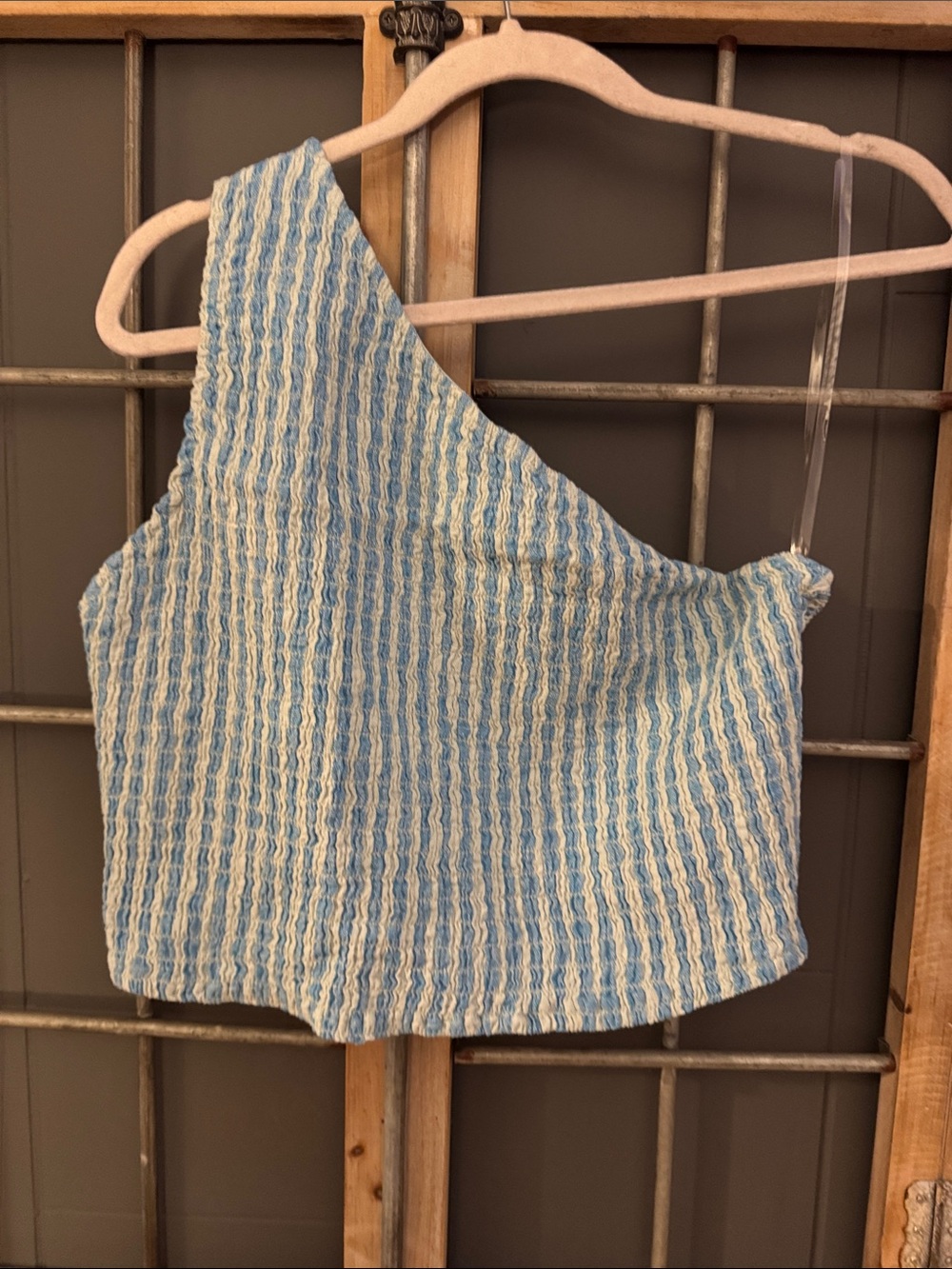 a new day Blue and White One-Shoulder Striped Crop Top
